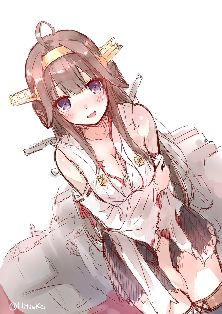 1girl :d ahoge blush breasts brown_hair cleavage covering covering_crotch detached_sleeves dutch_angle headgear hiten_goane_ryu holding_arm kantai_collection kongou_(kantai_collection) long_hair looking_at_viewer machinery nontraditional_miko open_mouth sketch skirt smile solo thigh-highs torn_clothes twitter_username violet_eyes white_background