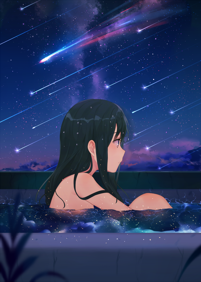 1girl achiki bangs black_hair blurry blurry_foreground blush closed_mouth clouds commentary_request depth_of_field eyebrows_visible_through_hair falling_star hair_between_eyes long_hair night night_sky nude original outdoors partially_submerged profile sitting sky solo star_(sky) starry_sky violet_eyes water