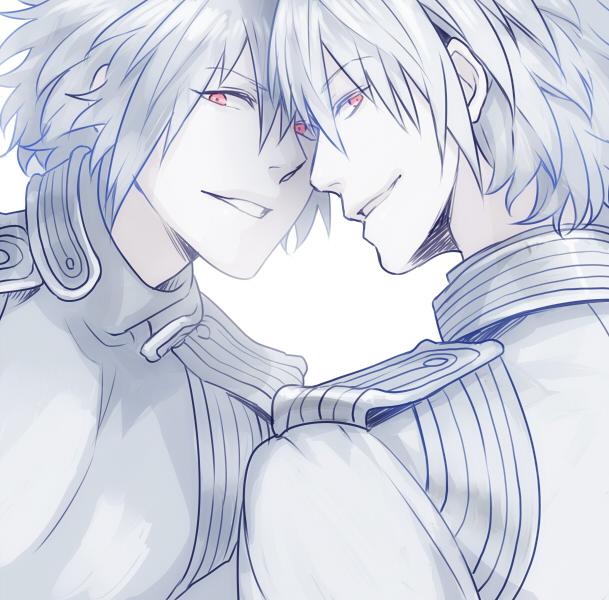 2boys alpha_(dramatical_murder) android brothers dramatical_murder hiki_yuichi multiple_boys pink_eyes siblings smile spoilers twins white_hair