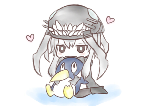 bird black_gloves boots brown_eyes cannon chibi commentary_request failure_penguin gloves headgear heart hug hug_from_behind jakoo21 kantai_collection long_hair lowres pale_skin penguin seiza sharp_teeth shinkaisei-kan silver_hair sitting tears turret wo-class_aircraft_carrier