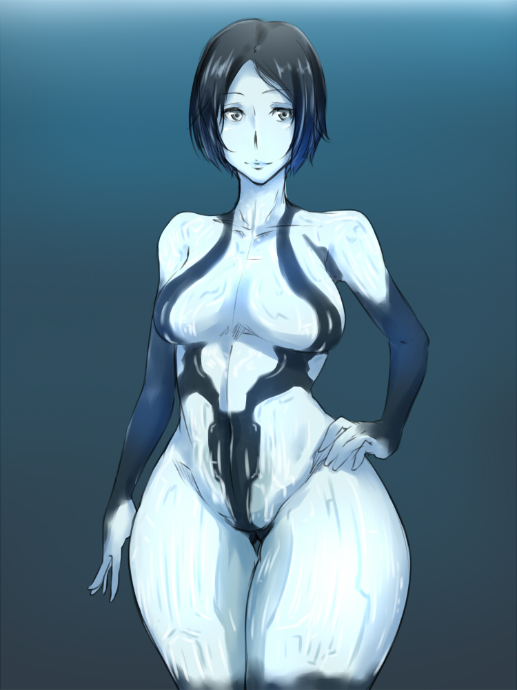 1girl bare_shoulders black_background black_eyes black_hair blue_background breasts cortana curvy gradient gradient_background halo_(game) kanta_(k_n_t_r_o) light_smile looking_at_viewer short_hair solo thick_thighs thighs wide_hips