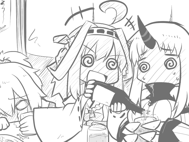 3girls @_@ ahoge aoba_(kantai_collection) blush bottle claws comic crying crying_with_eyes_open double_bun drunk full-face_blush glass gomasamune hair_bun holding horn kantai_collection kongou_(kantai_collection) long_hair monochrome multiple_girls nontraditional_miko ponytail seaport_hime shinkaisei-kan sketch streaming_tears tagme tears