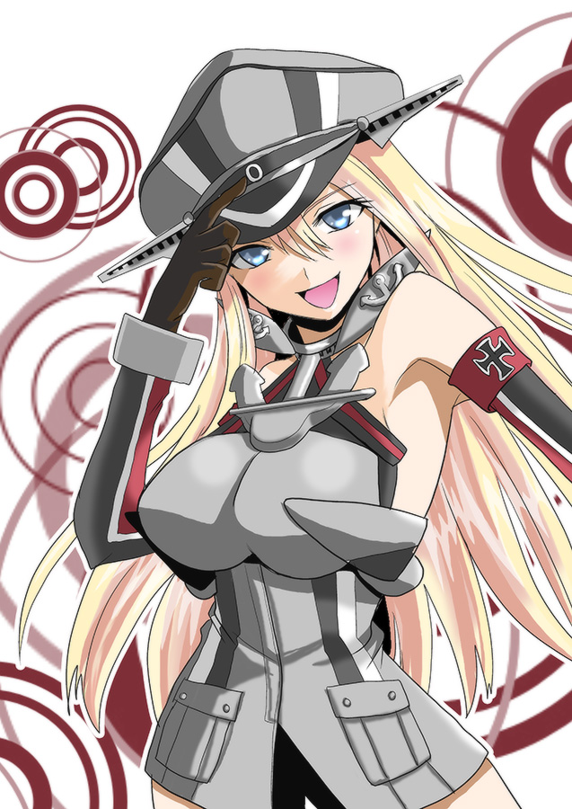 1girl armpits bare_shoulders bismarck_(kantai_collection) bottomless breasts cowboy_shot elbow_gloves gloves hand_on_headwear hat iron_cross kantai_collection large_breasts looking_at_viewer military military_uniform nanagami_ginji open_mouth outline peaked_cap sleeveless smile solo uniform