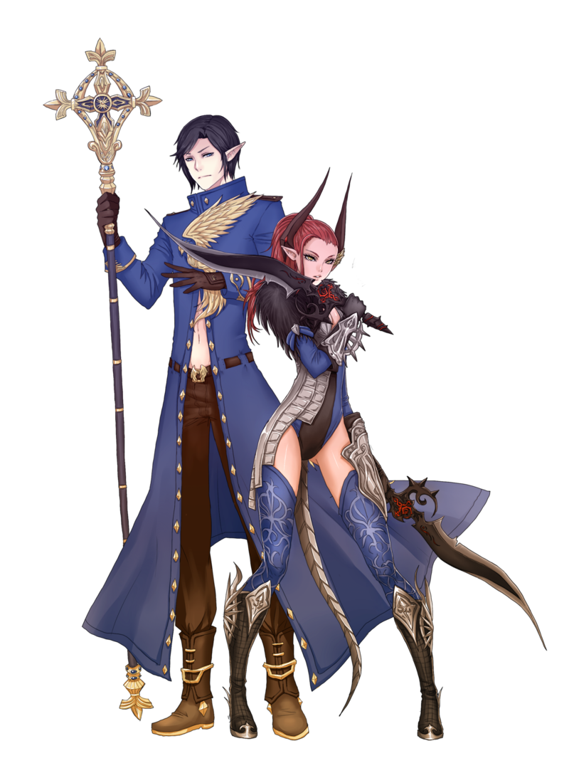 1boy 1girl amber_eyes armor belt black_hair blue_eyes boots castanic_(tera) couple dual_wielding emblem fur_collar gauntlets gloves height_difference high_elf high_ponytail horns leotard long_coat midriff nipuni pants parted_lips pointy_ears redhead short_hair spikes staff studs sword tera_online thigh-highs weapon zettai_ryouiki