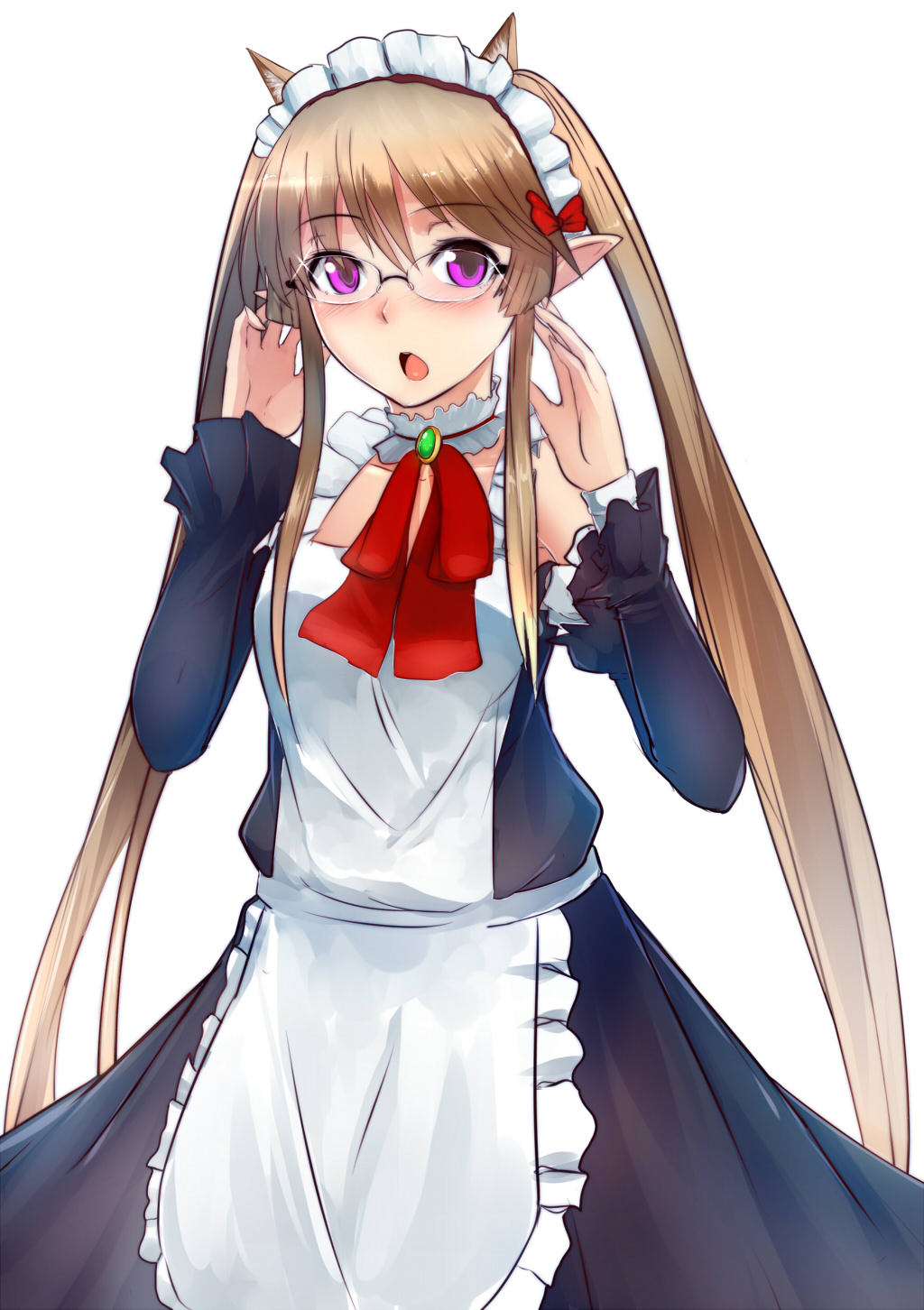 1girl animal_ears apron bespectacled blush brown_hair detached_sleeves dress elf glasses highres long_hair looking_at_viewer maid maid_headdress myucel_foalan open_mouth outbreak_company pointy_ears solo swordwaltz twintails very_long_hair violet_eyes white_background