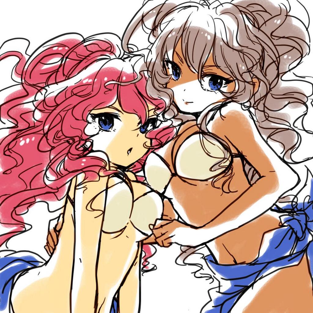 2girls archangel_metatron_(p&amp;d) bikini bikini_top blue_eyes breast_press breasts cleavage dark_angel_metatron_(p&amp;d) dark_skin dual_persona hand_on_another's_back long_hair looking_at_viewer midriff multiple_girls navel no_wings pikomarie pink_hair ponytail puzzle_&amp;_dragons silver_hair simple_background smile spot_color swimsuit towel under_boob wavy_mouth white_background white_bikini white_swimsuit