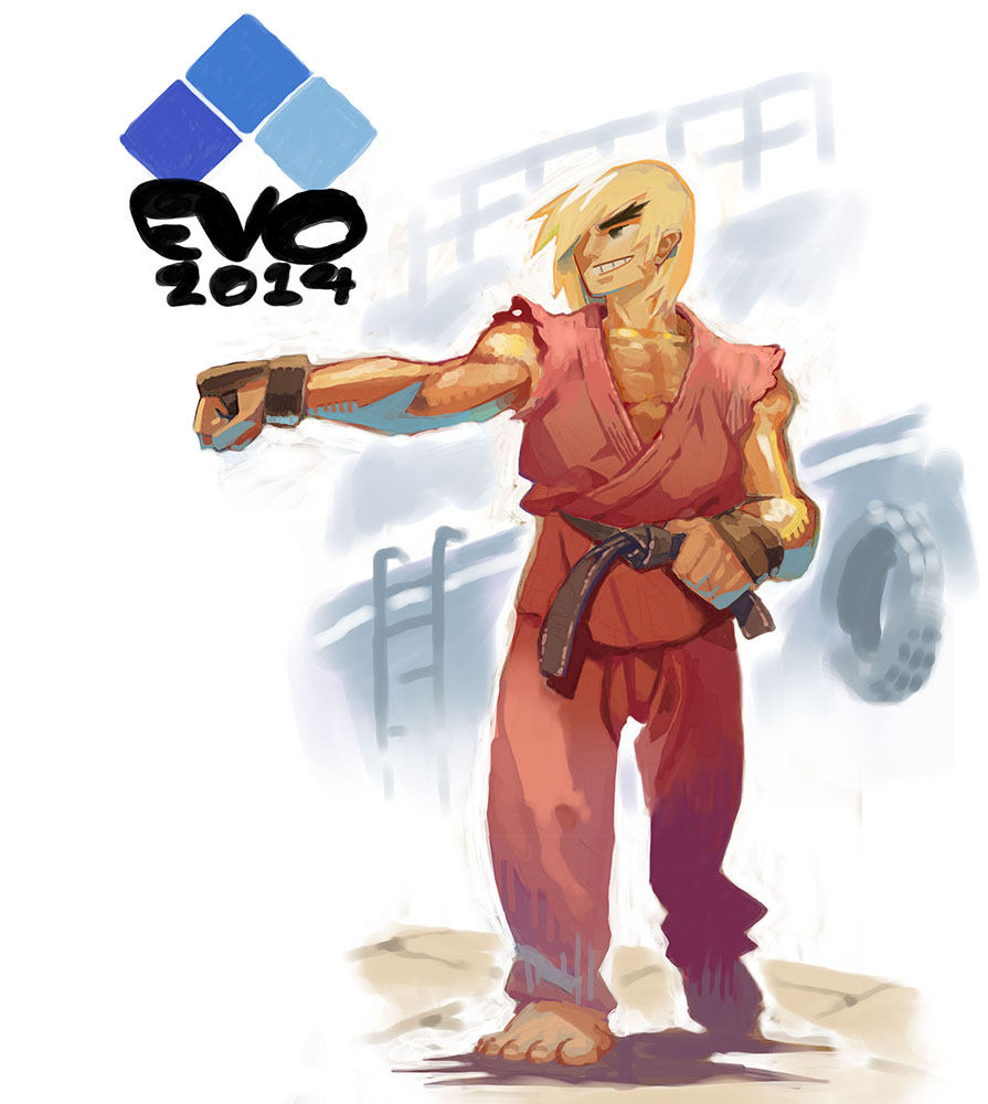 1boy barefoot belt blonde_hair brown_hair dougi electric_niw evolution_championship_series eyebrows grin hair_over_one_eye ken_masters muscle short_hair sleeveless smile solo street_fighter thick_eyebrows