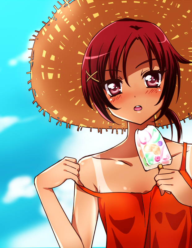 1girl :o blush clouds collarbone eating hair_ornament hat hino_akane kagami_chihiro long_hair ponytail popsicle precure red_eyes redhead shiny shiny_hair shiny_skin sky smile_precure! solo strap_slip straw_hat tan tank_top tanline