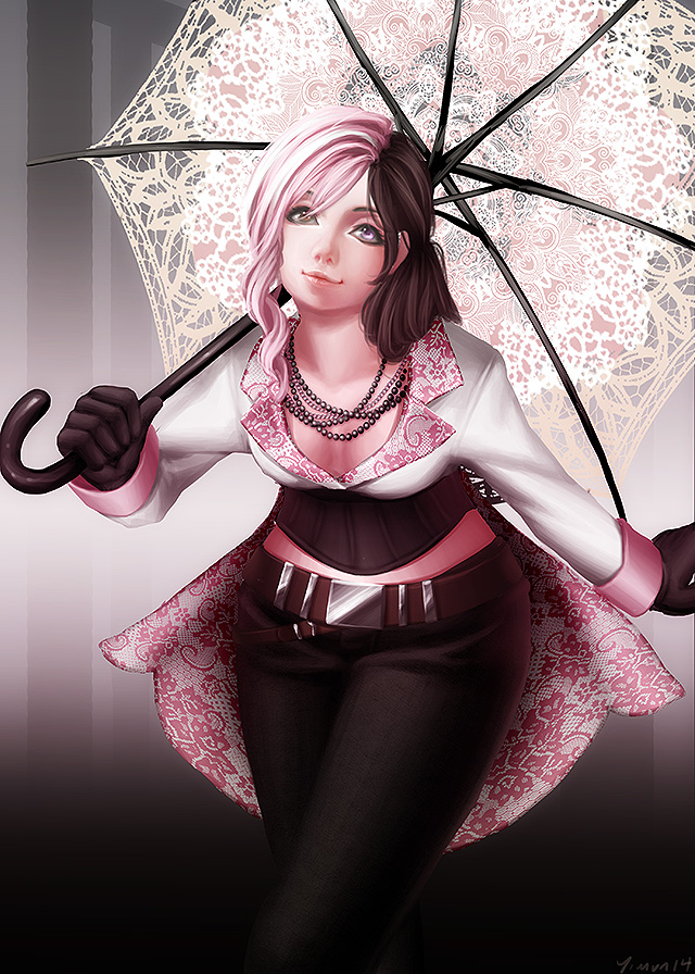 1girl aeollon belt black_pants boots breasts brown_eyes brown_hair cleavage coat corset cropped_jacket gloves heterochromia jewelry long_hair multicolored_hair necklace neo_(rwby) pants parasol pink_clothes pink_eyes pink_hair rwby solo two-tone_hair umbrella