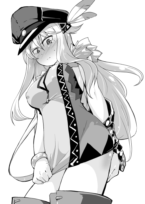 1girl alternate_costume bismarck_(kantai_collection) blush_stickers breasts crying crying_with_eyes_open gloves hat isshitaira kantai_collection large_breasts long_hair monochrome peaked_cap solo tears
