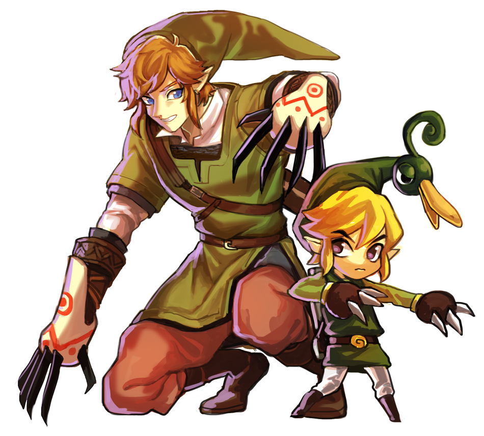 black_eyes blonde_hair blue_eyes dual_persona earrings ezlo gloves grin hat jewelry kiru_(sorr5042) link minish_cap pointy_ears skyward_sword smile the_legend_of_zelda toon_link