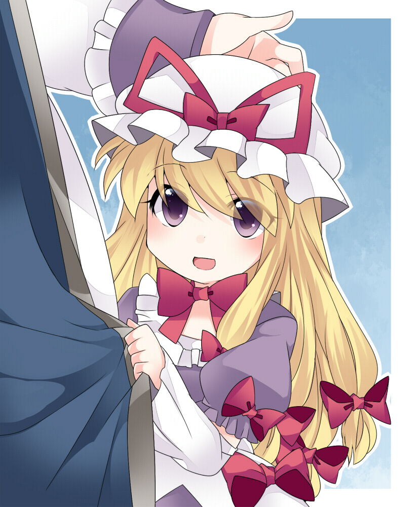 2girls :d blonde_hair blush bow bowtie dress hair_bow hammer_(sunset_beach) long_hair mob_cap multiple_girls open_mouth out_of_frame size_difference smile solo_focus touhou violet_eyes yakumo_yukari younger