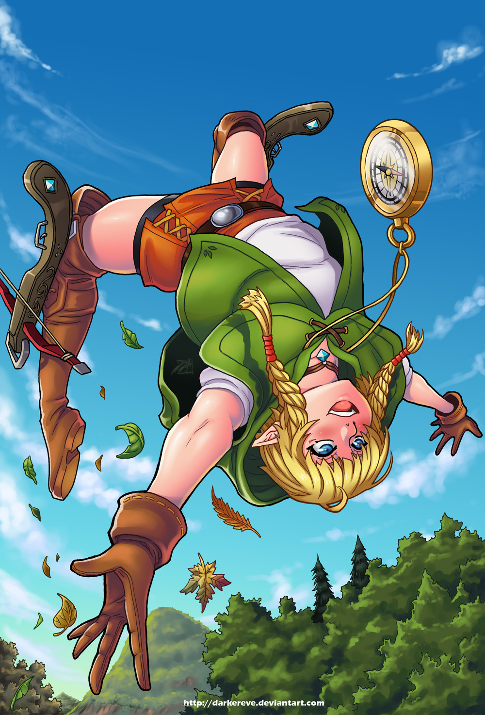 1boy backflip blue_eyes boots bow_(weapon) commentary crossbow darwin_nunez gloves highres leather_boots leather_gloves linkle pointy_ears solo the_legend_of_zelda thigh-highs thigh_boots twin_braids twintails weapon zelda_musou