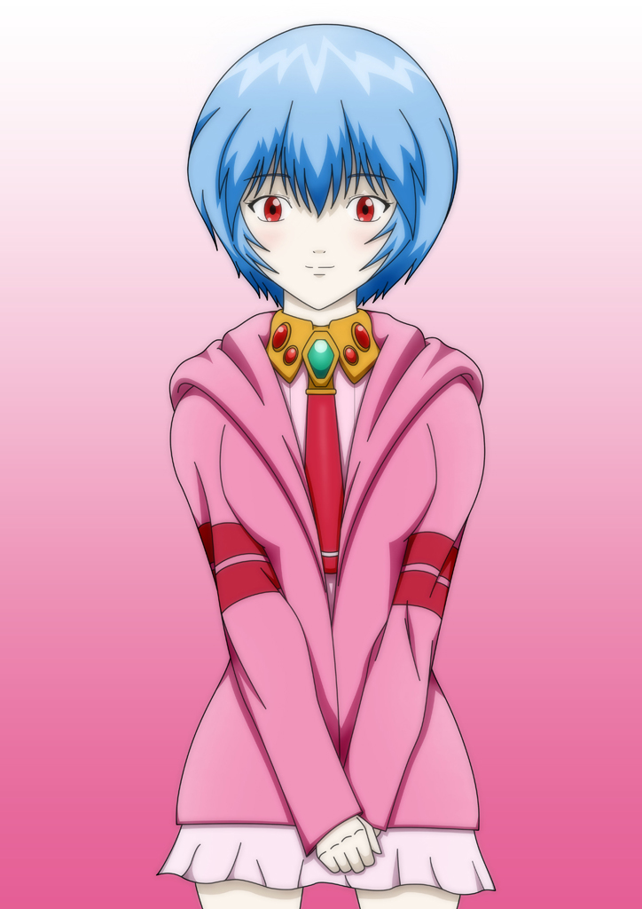 1girl artist_request ayanami_rei blue_hair blush company_connection gradient gradient_background jewelry looking_at_viewer neon_genesis_evangelion nia_teppelin nia_teppelin_(cosplay) red_eyes short_hair smile solo tagme tengen_toppa_gurren_lagann