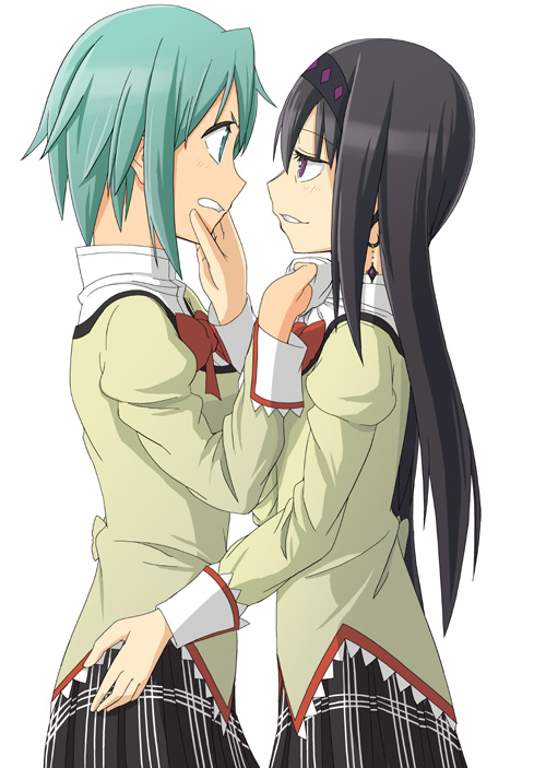 2girls akemi_homura black_hair blue_eyes blue_hair chin_grab clenched_teeth clothes_grab eye_contact grin hand_on_another's_hip hiroshima_mikan jewelry long_hair looking_at_another mahou_shoujo_madoka_magica mahou_shoujo_madoka_magica_movie miki_sayaka multiple_girls school_uniform short_hair single_earring smile spoilers violet_eyes wrist_grab