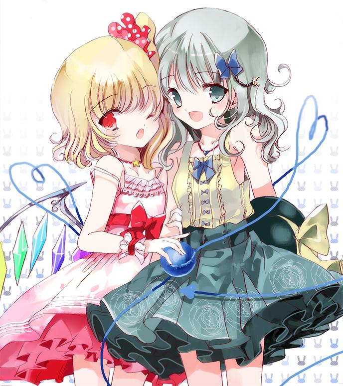 2girls :d ;o adapted_costume alternate_costume alternate_hairstyle blonde_hair bow cierra_(ra-bit) crescent crystal dress eyeball fang flandre_scarlet floral_print frilled_dress frilled_skirt frills green_eyes green_hair hair_bow hair_ornament hat hat_removed headwear_removed heart heart_of_string jewelry komeiji_koishi looking_at_viewer multiple_girls necklace no_hat off_shoulder one_eye_closed open_mouth pink_dress polka_dot ponytail rabbit red_eyes ribbon sash shirt short_hair side_ponytail skirt sleeveless smile star string third_eye touhou white_background wings wrist_cuffs