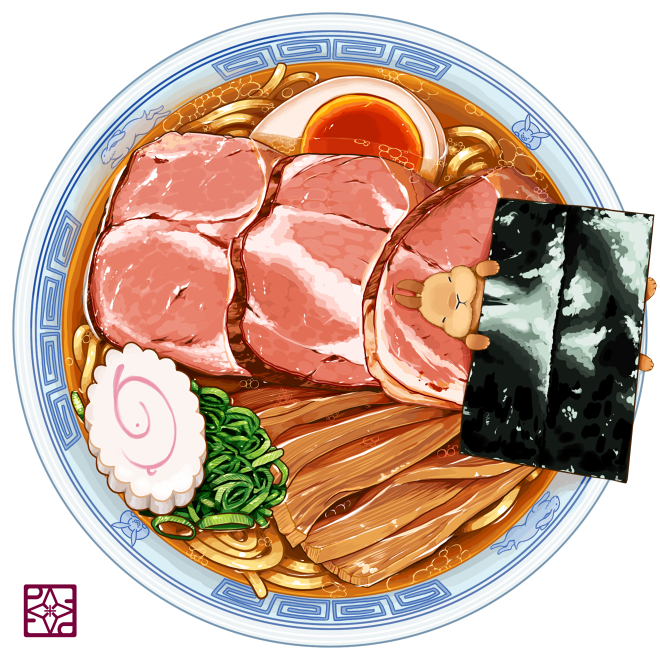 :3 bowl egg food meat no_humans original p-f_lilac rabbit sleeping udon