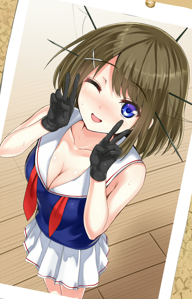 1girl ;d arudehido black_gloves blue_eyes blush breasts brown_hair cleavage double_v gloves kantai_collection looking_at_viewer maya_(kantai_collection) one_eye_closed open_mouth photo_(object) short_hair skirt smile solo v white_skirt