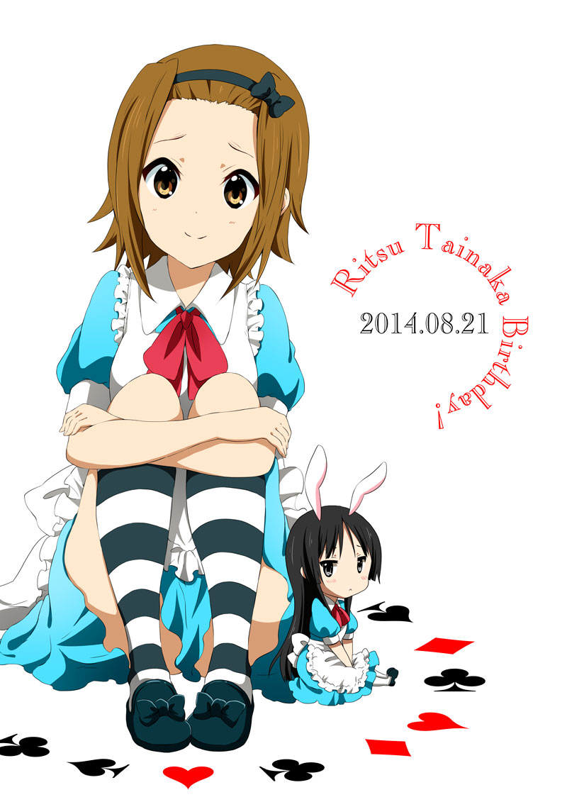 2girls akiyama_mio alice_(wonderland) alice_(wonderland)_(cosplay) alice_in_wonderland animal_ears birthday black_eyes black_hair blush brown_eyes brown_hair chibi dated dress hairband k-on! kneehighs long_hair looking_at_viewer multiple_girls rabbit_ears ragho_no_erika short_hair sitting striped striped_legwear tainaka_ritsu