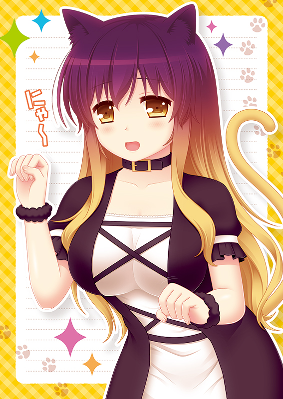 1girl animal_ears black_dress blonde_hair breasts cat_ears cat_tail cleavage collar collarbone cpu_(hexivision) dress frame gradient_hair hijiri_byakuren kemonomimi_mode large_breasts layered_dress multicolored_hair open_mouth paw_pose paw_print puffy_short_sleeves puffy_sleeves purple_hair short_sleeves solo sparkle tail touhou white_dress wrist_cuffs yellow_eyes