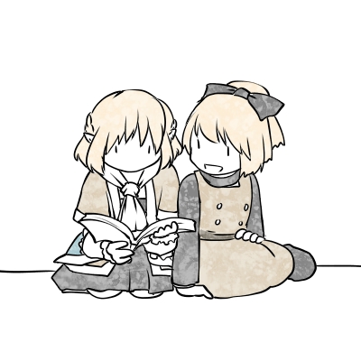 2girls arm_warmers bangs black_shoes blonde_hair book bow braid brown_dress dress french_braid hair_bow hand_on_hip holding holding_book kurodani_yamame long_sleeves lowres mizuhashi_parsee multiple_girls pointy_ears ponytail reading sabakan_(iizuka48) scarf seiza short_sleeves side-by-side simple_background sitting skirt smile talking touhou turtleneck white_background yokozuwari