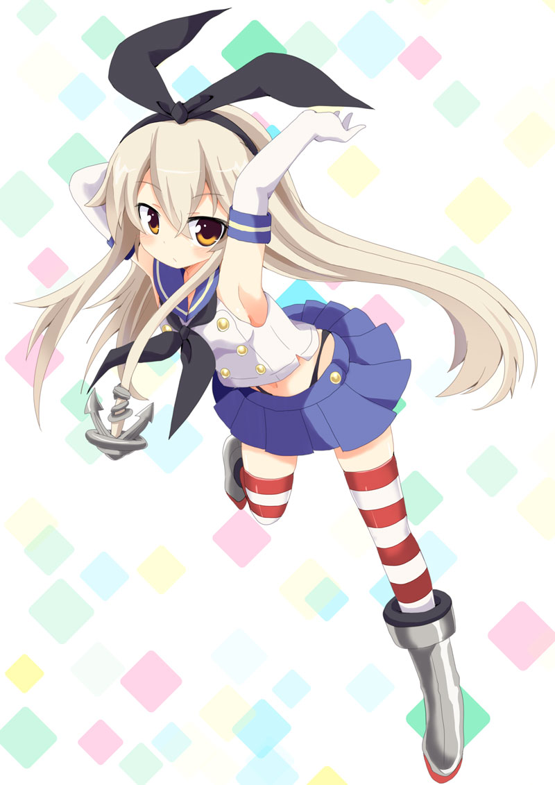 1girl anchor_hair_ornament armpits arms_up bent_over black_panties blonde_hair elbow_gloves gloves hair_ribbon kantai_collection long_hair looking_at_viewer massala midriff navel panties pleated_skirt ribbon school_uniform serafuku shimakaze_(kantai_collection) skirt sleeveless sleeveless_shirt solo striped striped_legwear thigh-highs underwear very_long_hair white_gloves yellow_eyes zettai_ryouiki