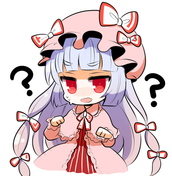 1girl ? alternate_costume bow capelet fujiwara_no_mokou hair_bow hat hat_bow marshmallow_mille patchouli_knowledge patchouli_knowledge_(cosplay) red_eyes solo sweatdrop touhou wavy_mouth white_hair