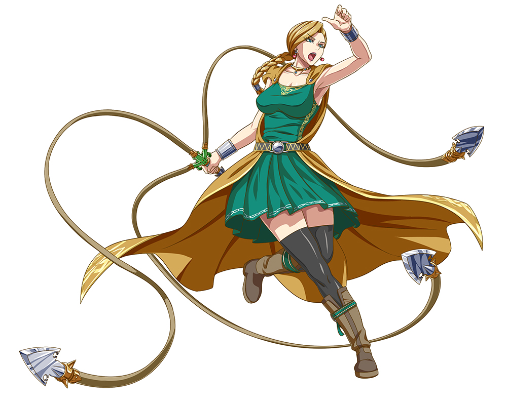 1girl bianca blonde_hair blue_eyes boots bracer braid cloak dragon_quest dragon_quest_v dress earrings full_body huracan jewelry necklace open_mouth solo thigh-highs weapon whip zettai_ryouiki