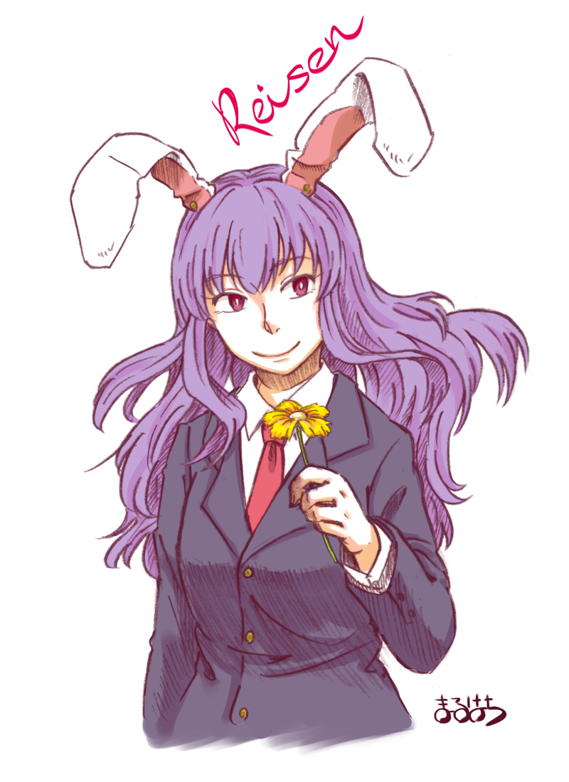 1girl animal_ears artist_name blazer character_name extra_ears flower long_hair maruhachi_(maruhachi_record) necktie purple_hair rabbit_ears red_eyes reisen_udongein_inaba simple_background skirt smile solo touhou white_background