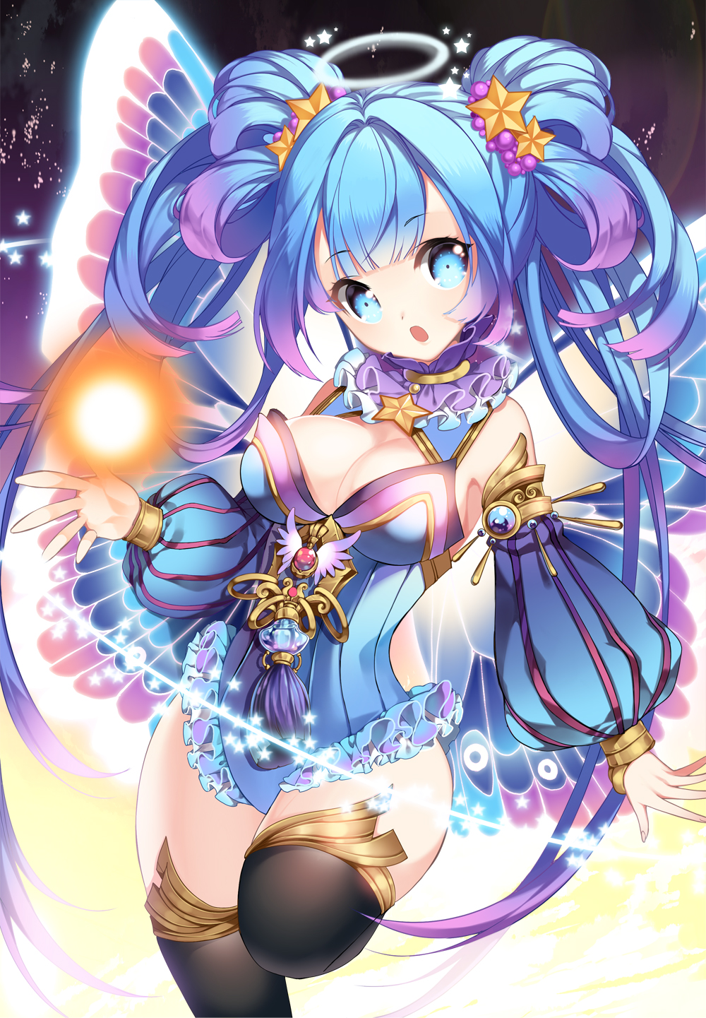 1girl black_legwear blue_eyes blue_hair breasts butterfly_wings cleavage detached_sleeves hair_ornament halo highres long_hair looking_at_viewer open_mouth original roh_nam_kyung solo tagme twintails wings