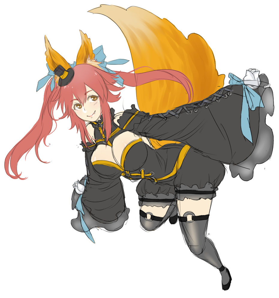 1girl animal_ears breasts caster_(fate/extra) cleavage fate/extra fate_(series) fox_ears fox_tail garters gothic_lolita hair_ribbon hat large_breasts lolita_fashion mini_top_hat pink_hair ribbon sketch sleeves_past_wrists smile solo steffydoodles tail thigh-highs top_hat twintails yellow_eyes