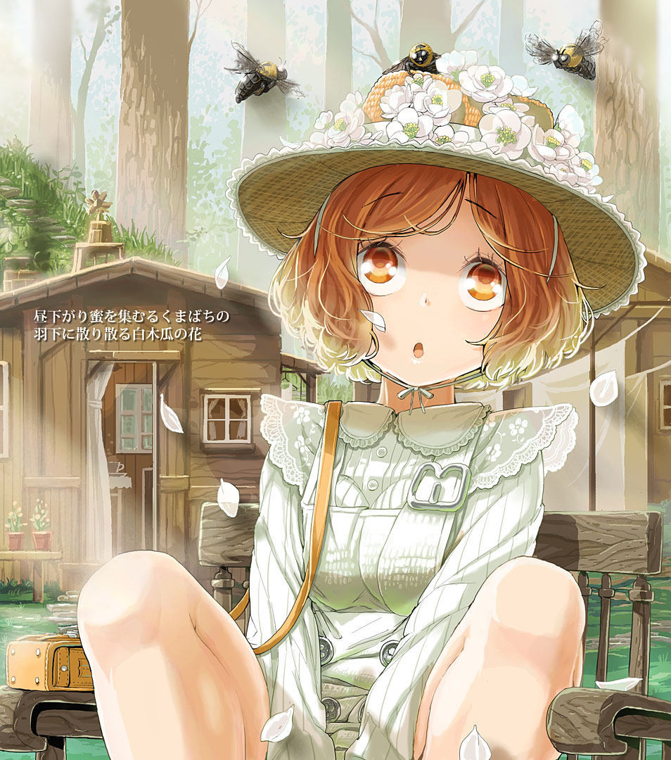 1girl arms_between_legs bag bee bench brown_eyes brown_hair buttons cabin daigoman flower forest handbag hat hat_flower lace long_sleeves looking_up meiko nature outdoors petals sakine_meiko short_hair solo translation_request tree vocaloid