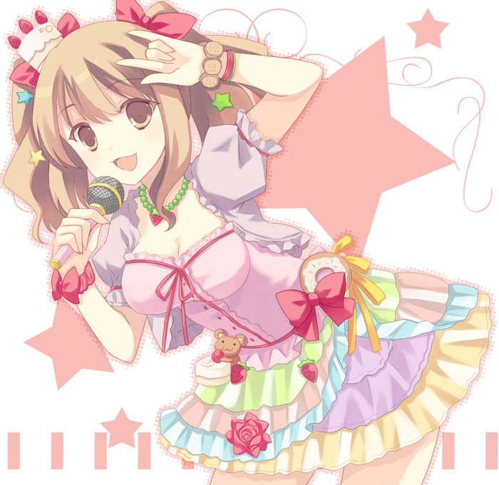 1girl :d \m/ bent_over bow breasts cleavage frilled_skirt frills hair_bow hair_ornament hair_ribbon holding idolmaster idolmaster_cinderella_girls jewelry light_brown_eyes light_brown_hair looking_at_viewer microphone moroboshi_kirari necklace open_mouth ribbon singing skirt smile solo tagme takase_kanan twintails
