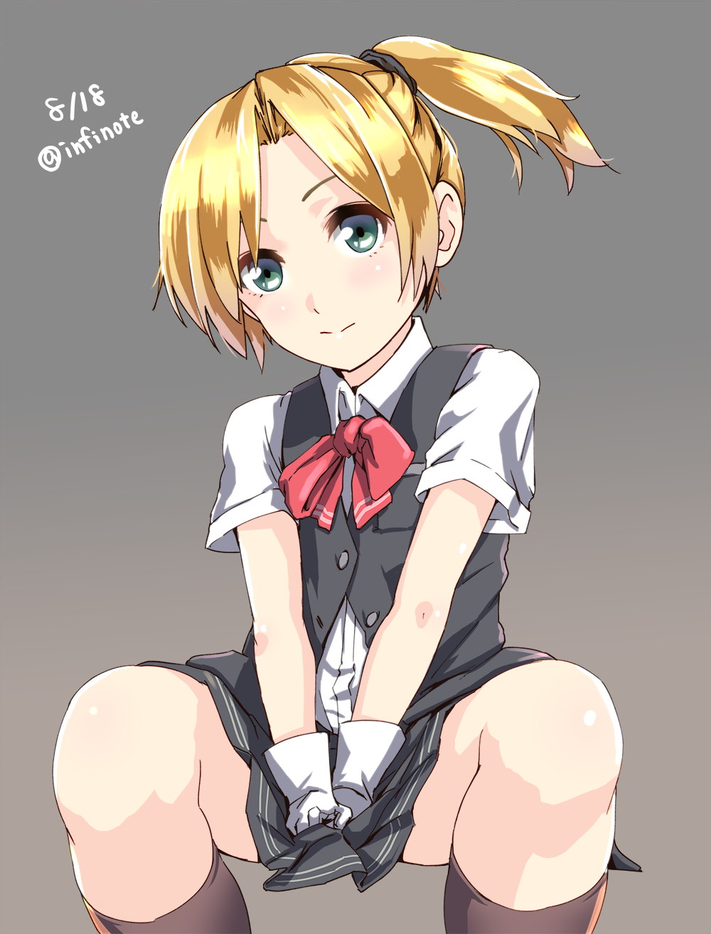 1girl between_legs between_thighs blonde_hair blush dated gloves hand_between_legs highres infinote kantai_collection looking_at_viewer maikaze_(kantai_collection) open_mouth ponytail school_uniform short_hair sitting skirt smile twitter_username vest