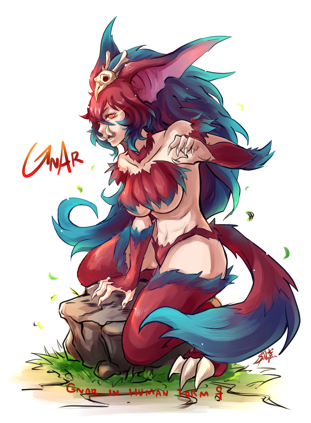 1girl animal_ears blue_hair breasts claws genderswap gnar_(league_of_legends) hair_ornament highres league_of_legends midriff monster_girl multicolored_hair navel orange_eyes personification redhead skull_hair_ornament solo sueyen tail tusks under_boob