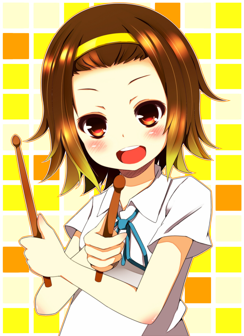 brown_eyes brown_hair chimuchimu drumsticks hairband k-on! school_uniform short_hair smile tainaka_ritsu