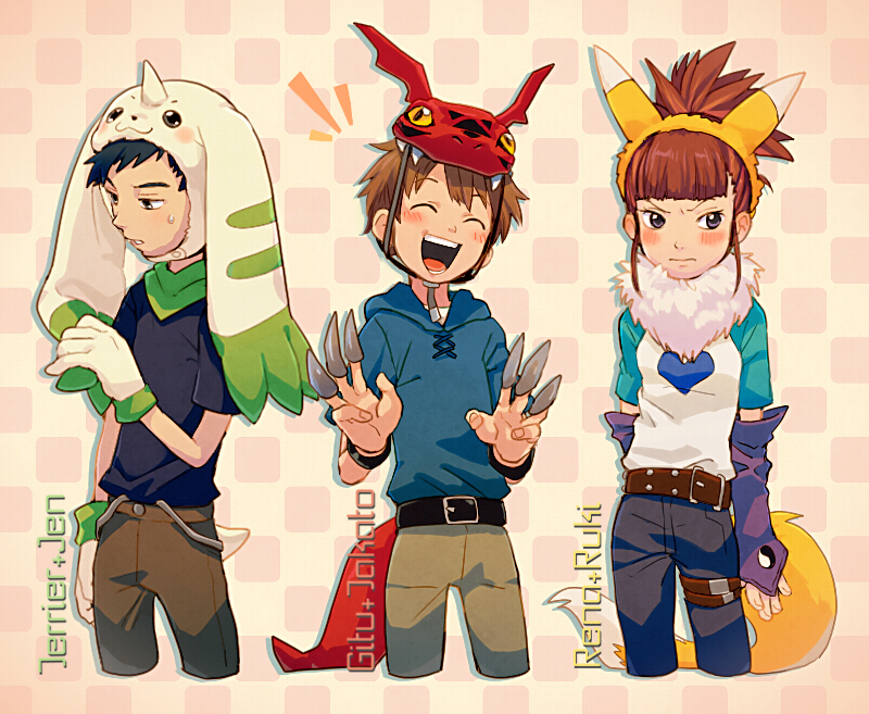 1girl 2boys :d ^_^ animal_ears belt black_hair blush brown_hair closed_eyes digimon digimon_tamers fake_animal_ears gloves guilmon guilmon_(cosplay) heart_print hood hoodie li_jenrya makino_ruki mask matsuda_takato multiple_boys open_mouth ponytail redhead renamon renamon_(cosplay) smile sweatdrop t_k_g terriermon terriermon_(cosplay)