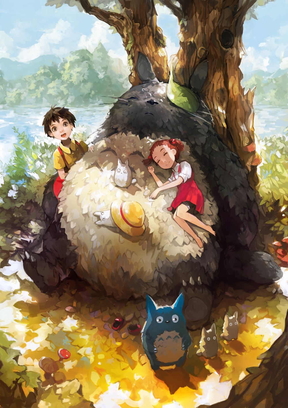 2girls andrian_gilang barefoot black_eyes black_hair closed_eyes hair_bobbles hair_ornament hat hat_removed headwear_removed highres kusakabe_mei kusakabe_satsuki multiple_girls nose_bubble redhead shoes_removed short_hair short_twintails sleeping tonari_no_totoro totoro tree twintails
