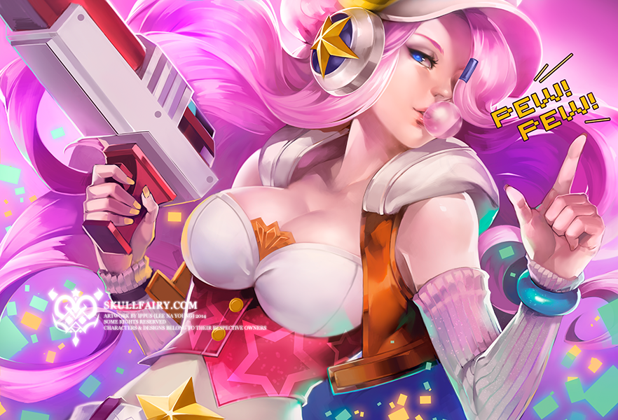 1girl blue_eyes breasts bubblegum bust detached_sleeves hair_over_one_eye hat headphones hoodie league_of_legends light_gun long_hair miss_fortune na_young_lee nail_polish pink_hair pointing pointing_up sarah_fortune solo star vest watermark web_address yellow_nails