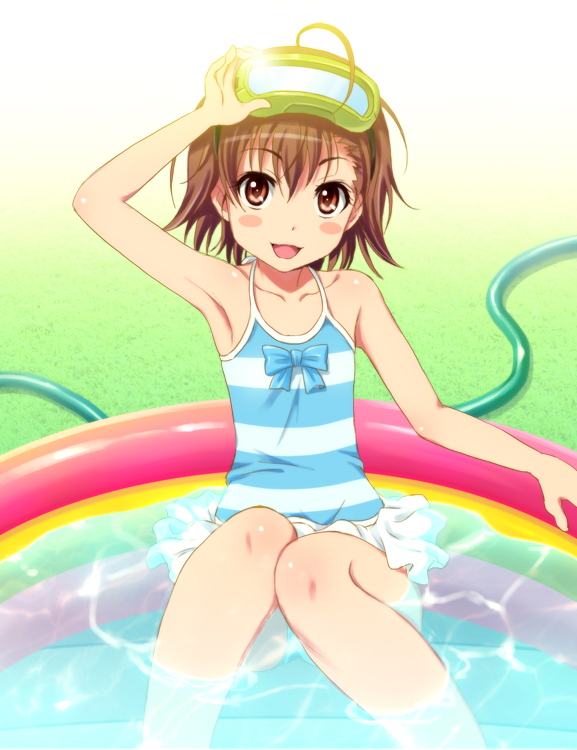 1girl ahoge arm_up armpits blush_stickers brown_hair goggles goggles_on_head hose knees_together_feet_apart last_order one-piece_swimsuit open_mouth partially_submerged shian_(my_lonly_life.) short_hair solo striped striped_swimsuit swimsuit to_aru_majutsu_no_index wading_pool water