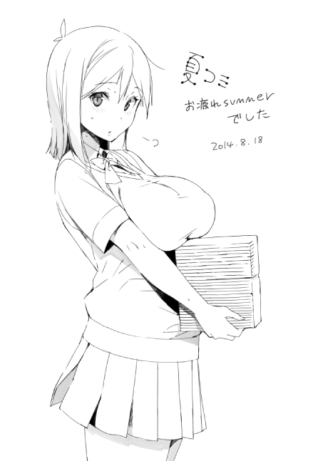1girl blush breast_rest breasts chikurin_(sasamori_tomoe) comiket_86 dated large_breasts lineart monochrome original pleated_skirt sasamori_tomoe school_uniform side skirt solo stack sweater_vest