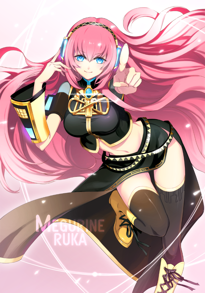 1girl blue_eyes boots character_name detached_sleeves eeru engrish headset jandy knee_boots long_hair long_skirt looking_at_viewer lying megurine_luka navel pink_hair pointing pointing_at_viewer ranguage shadow side_slit skirt smile solo thigh_boots thighhighs thighs very_long_hair vocaloid