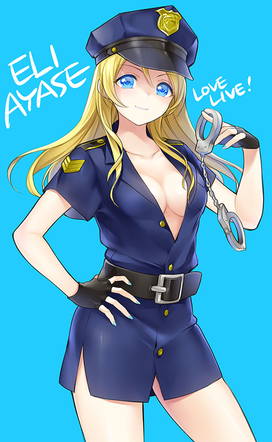 1girl alternate_costume ayase_eli black_gloves blue_background blue_eyes blue_nails breasts character_name cleavage copyright_name cuffs fingerless_gloves gloves hair_down hand_on_hip handcuffs kisaragi_mizu long_hair love_live!_school_idol_project nail_polish no_bra police police_uniform policewoman solo uniform