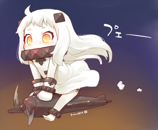 1girl airplane black_panties chibi dress horns kantai_collection long_hair mittens nagian northern_ocean_hime pale_skin panties red_eyes shinkaisei-kan side-tie_panties solo underwear white_dress white_hair yellow_eyes