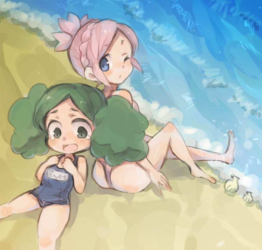 2girls barefoot beach bikini blue_eyes blush green_eyes green_hair inazuma_eleven_(series) inazuma_eleven_go inazuma_eleven_go_galaxy looking_back morimura_konoha multiple_girls nankai nozaki_sakura one_eye_closed open_mouth pink_hair sand school_swimsuit swimsuit tears water