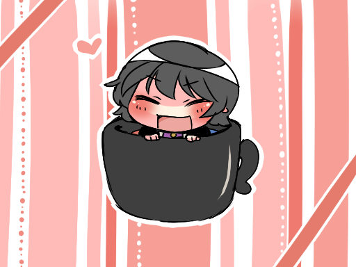 1girl ^_^ asymmetrical_wings black_hair chibi closed_eyes cup hammer_(sunset_beach) houjuu_nue in_container in_cup mug open_mouth short_hair smile solo touhou wings