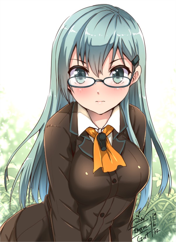 1girl aqua_hair bespectacled blush breasts bust dated glasses go-it hair_ornament hairclip kantai_collection large_breasts long_hair looking_at_viewer school_uniform signature solo suzuya_(kantai_collection)