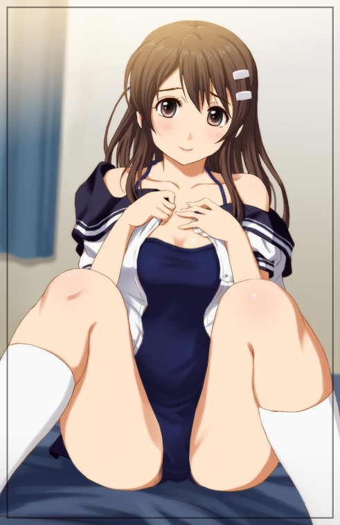 1girl blush breasts brown_eyes brown_hair collarbone hair_ornament hairpin hands_on_own_chest long_hair looking_at_viewer navel niimi_haruka_(photokano) off_shoulder photokano school_swimsuit school_uniform shian_(my_lonly_life.) short_sleeves smile solo spread_legs stomach swimsuit