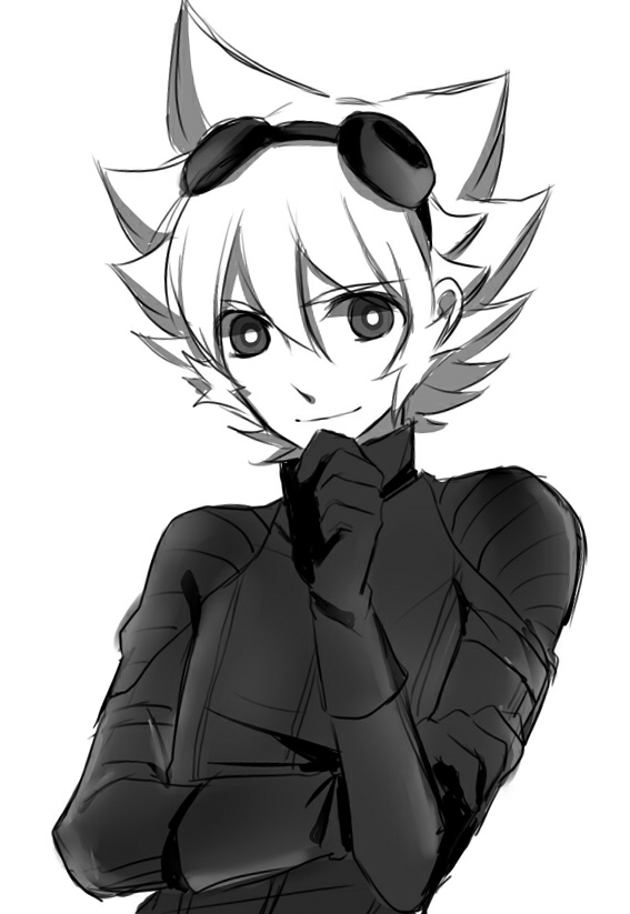 1boy aki_(645451622) bodysuit goggles goggles_on_head hand_on_own_chin inazuma_eleven_(series) inazuma_eleven_go inazuma_eleven_go_chrono_stone looking_at_viewer male monochrome saryuu_evan simple_background solo white_background