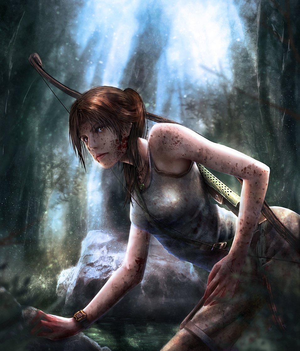 1girl blood blood_on_face bloody_clothes bow_(weapon) breasts brown_hair lara_croft long_hair m-ya pixiv_tomb_raider_contest shorts solo tank_top tomb_raider watch weapon